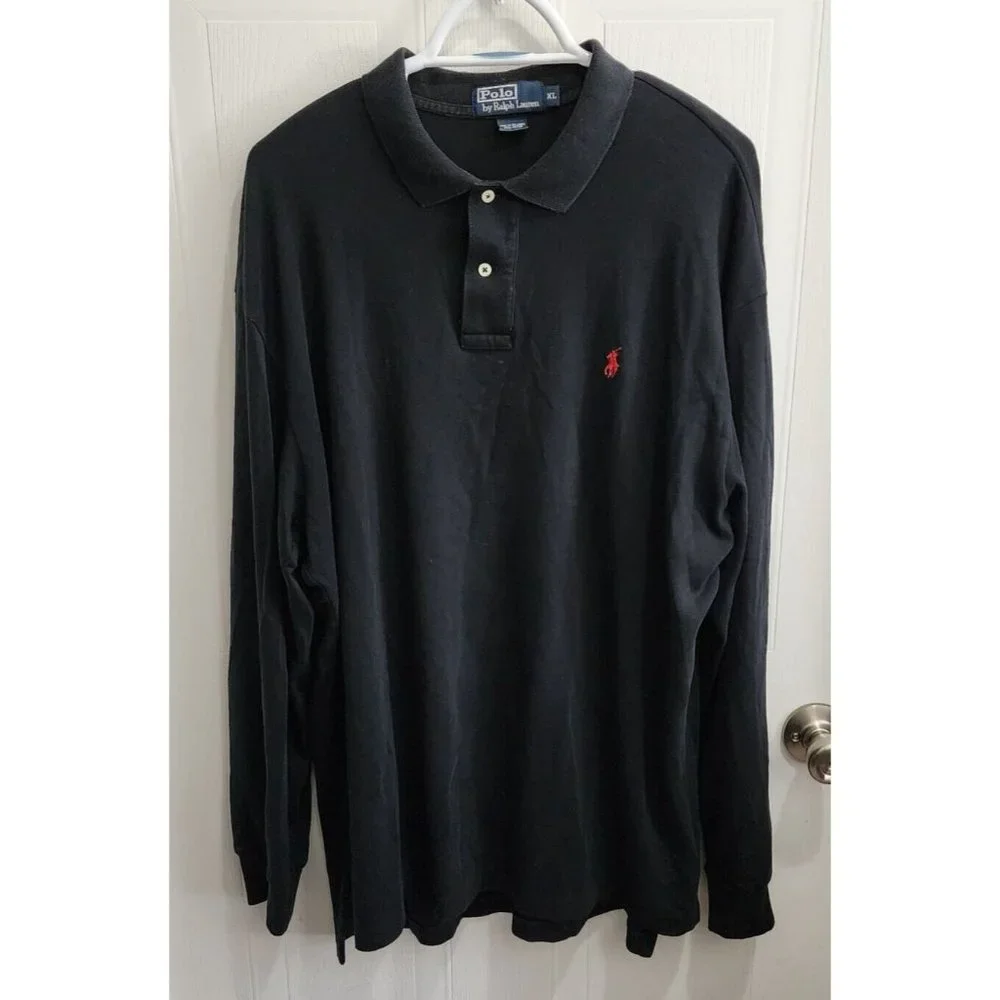 Polo‎ Ralph Lauren Black Long Sleeve Red Pony Polo Shirt Size XL 100% Cotton
